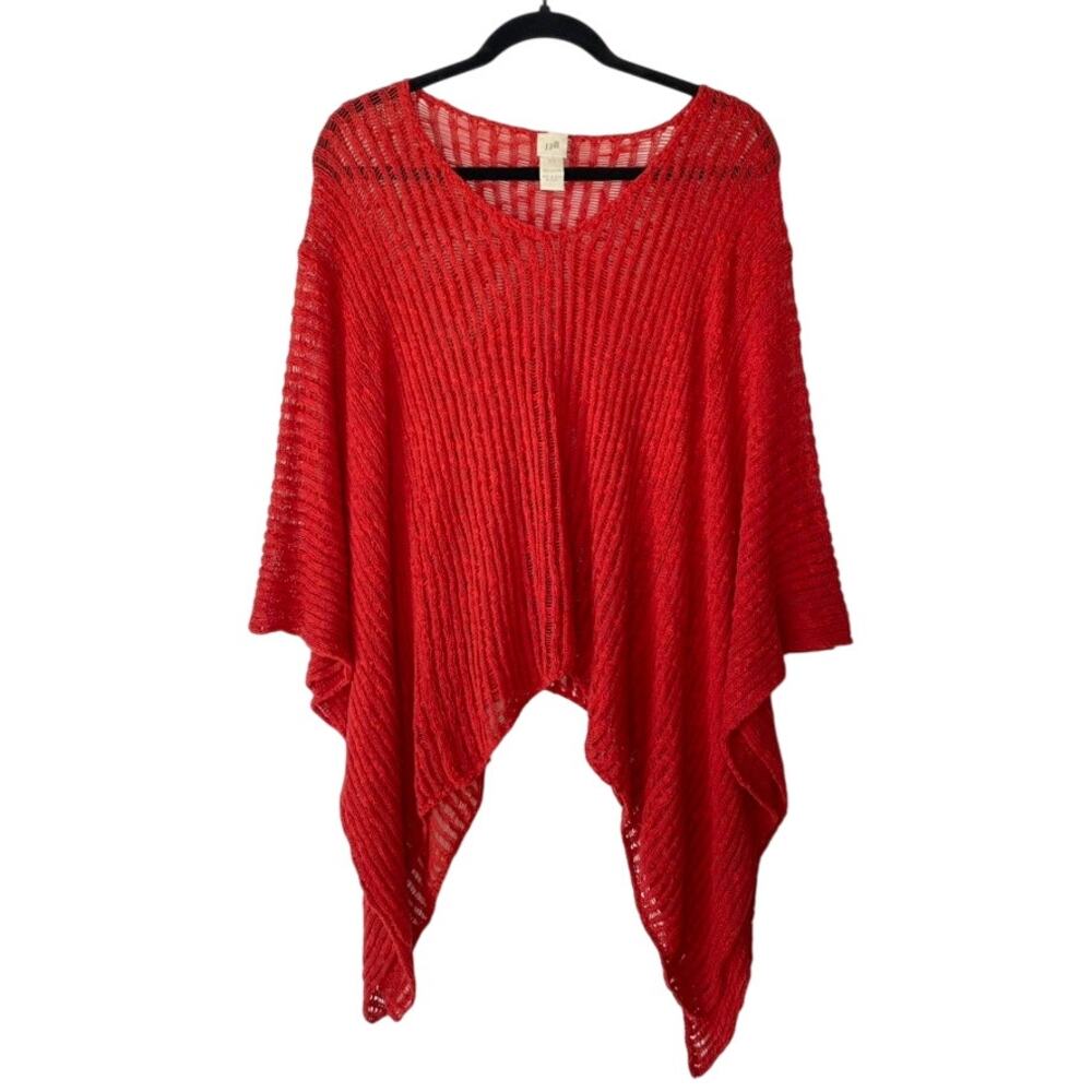 J. Jill Red 100% Cotton Open Knit Poncho Sharkbite Hem Boho Lagenlook One Size
